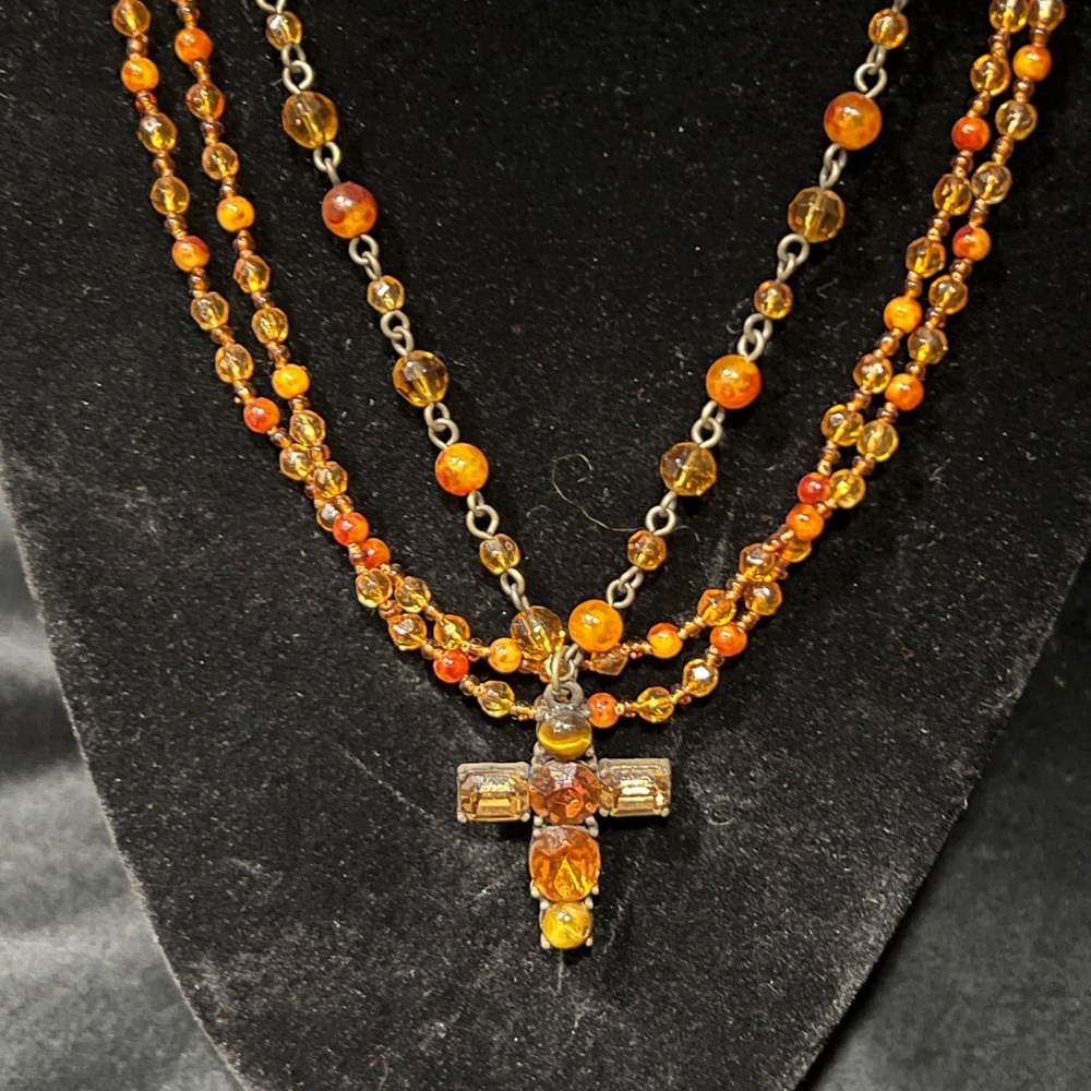 Necklace- Orange/Amber colored beads and glass stone encrusted Cross 18”